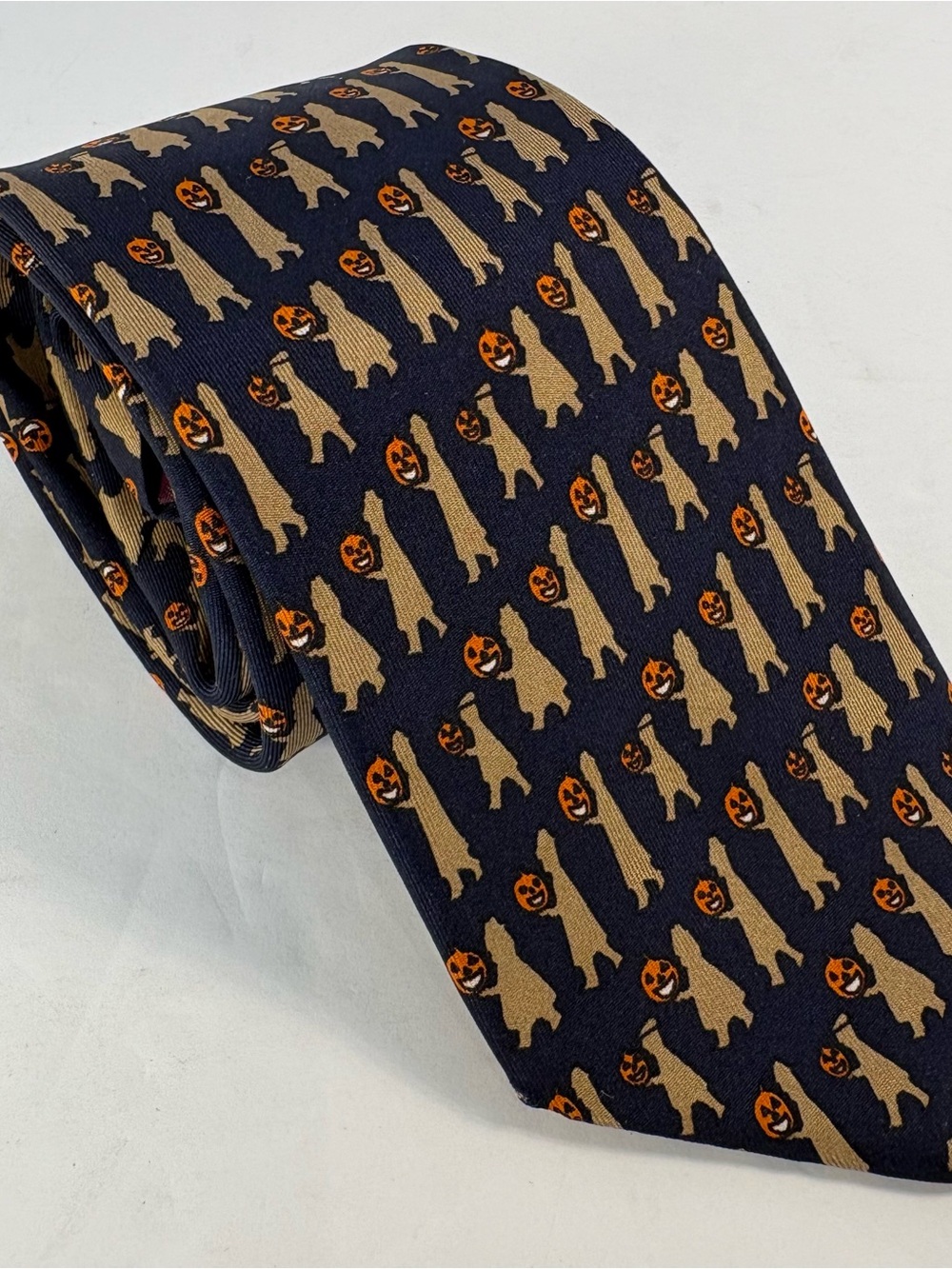 Vintage ALYNN Neckwear Silk Tie Halloween Jack O Lantern Contest Navy Blue Rare
